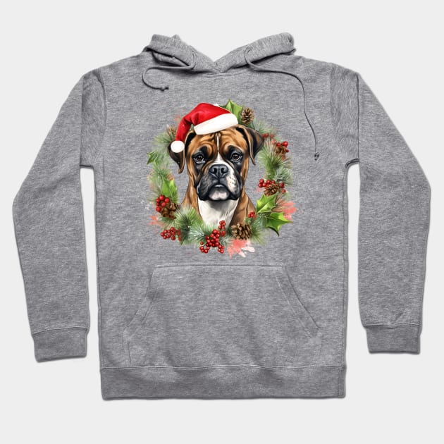 Christmas Boxer Dog Wreath Hoodie by Chromatic Fusion Studio